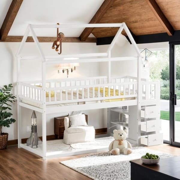 slide 2 of 23, Charming Twin over Twin House Bunk Bed with Roof, Shelves, and Drawers, Sturdy Pine Wood Construction, Space-Saving for Kids White