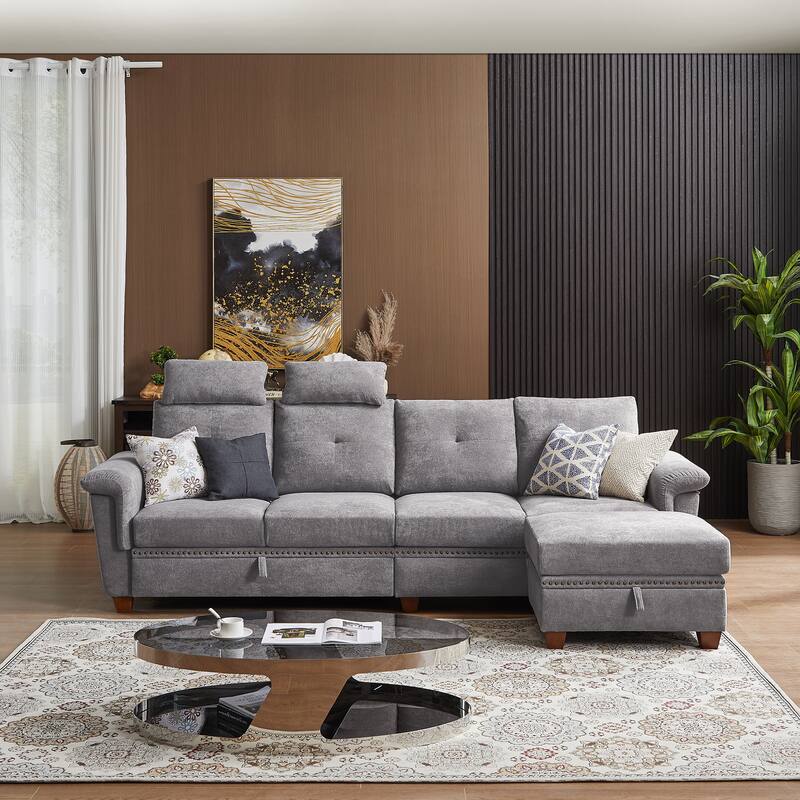 109" Modern 4 Seaters Towelling Sectional Sofa with Hidden Coffee Table Adjustable Headrest and Large Storage Space