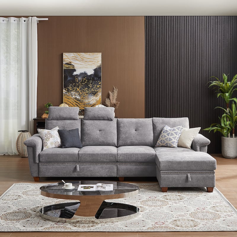 109" Modern 4 Seaters Towelling Sectional Sofa with Hidden Coffee Table and Large Storage Space