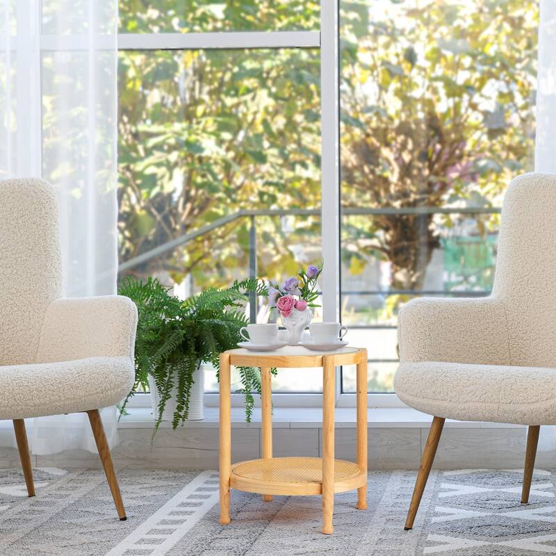 Rubberwood Coffee Table with Tempered Glass and Rattan - 19.7 x 19.7 x 23.2 in