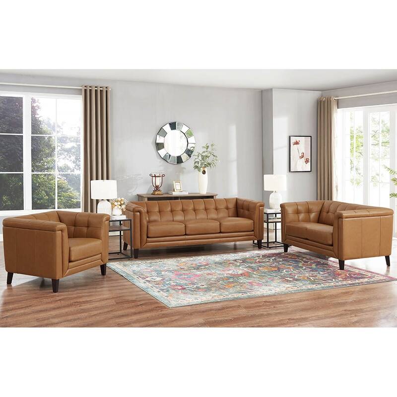 Hydeline Arvo Top Grain Leather Sofa Loveseat and Chair Set with Feather, Memory Foam and Springs - Cognac Brown