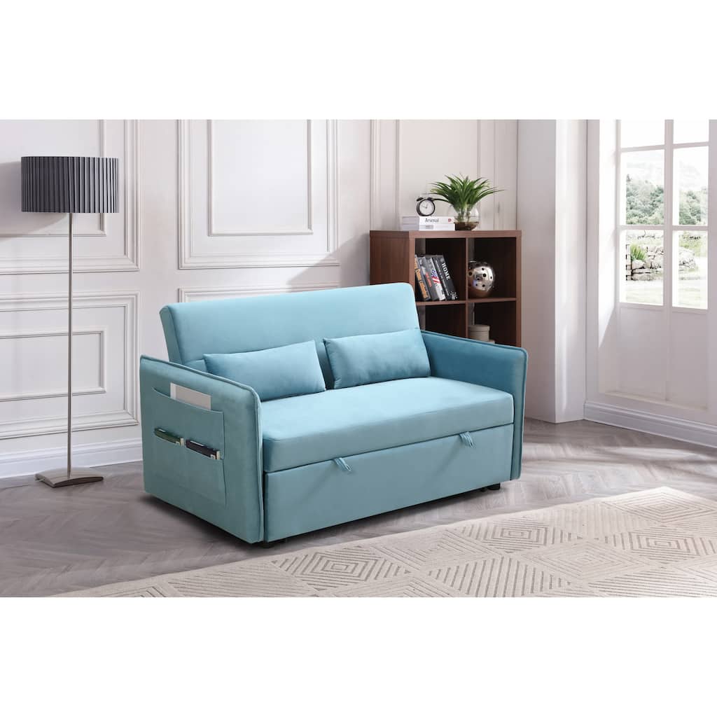 Modern Adjustable Pull Out Sofa Bed with 2 Side Pockets, 2 Pillows