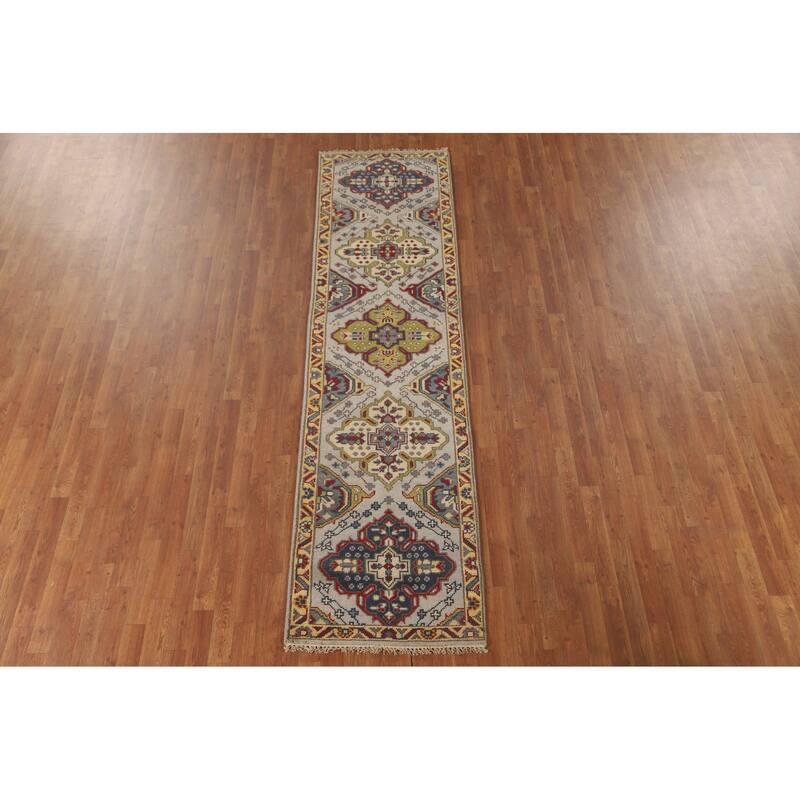 Traditional Grey Kazak Runner Rug Hand-Knotted Wool Carpet - 2'6" x 9'10"