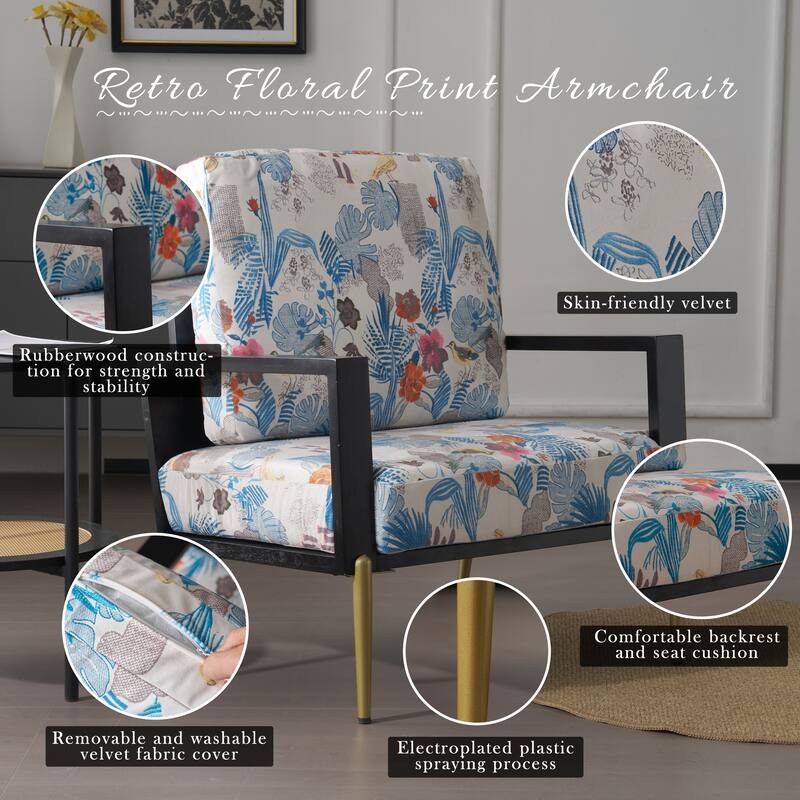 Floral Print Velvet Accent Armchair with Metal Legs and Rubberwood Frame, Wide Armrest Sofa Chair with Pillow Back Lounge Chair