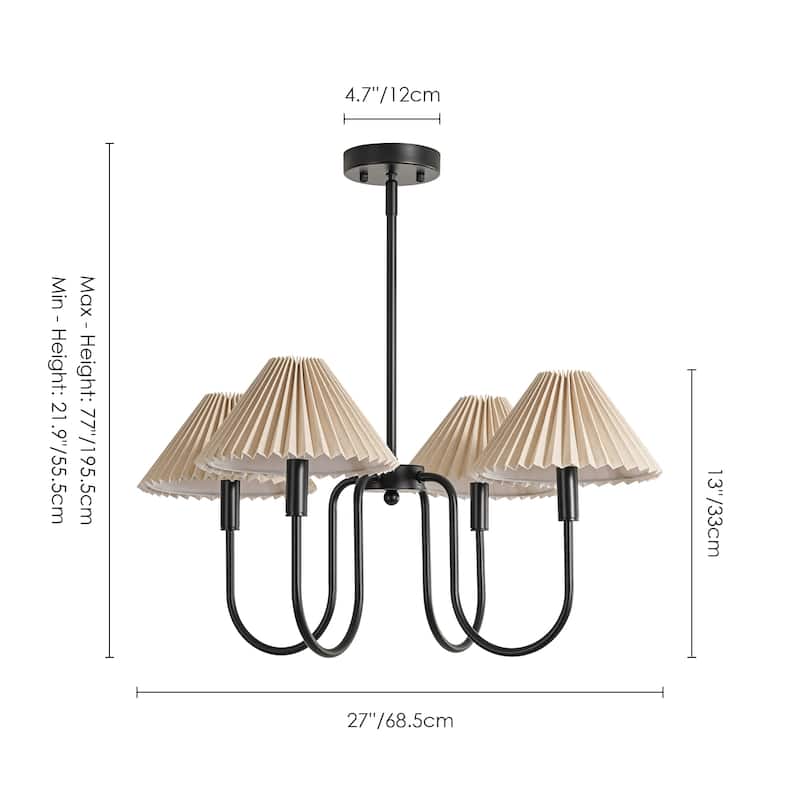 4-Light Mid-Century Modern Chandelier in Brushed Gold/Matte Black Chandelier with Pleated Shades for Living Room