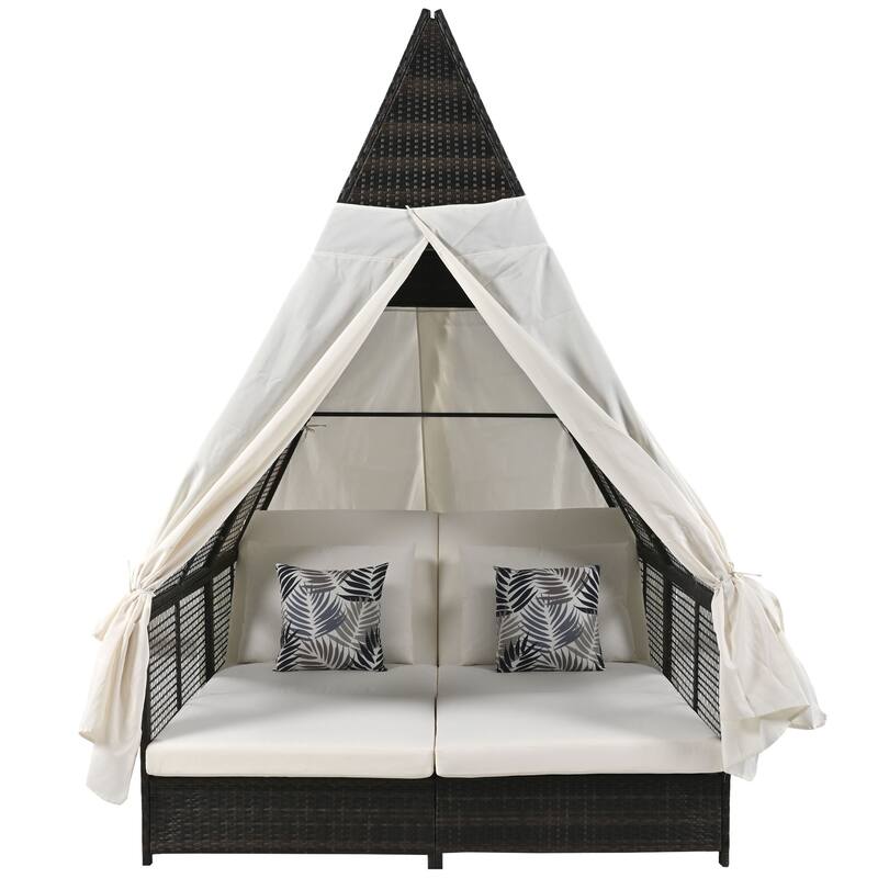 Outdoor All Weather Double Daybed with Curtains, Rattan Patio Lounge Sofa Bed with Adjustable Backrest