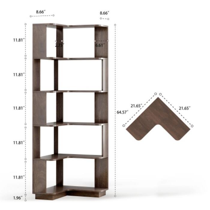 6-Tier L-Shaped Corner Bookshelf, Freestanding Wooden Bookcase with Anti-Drop Panel & Anti-Tip Device
