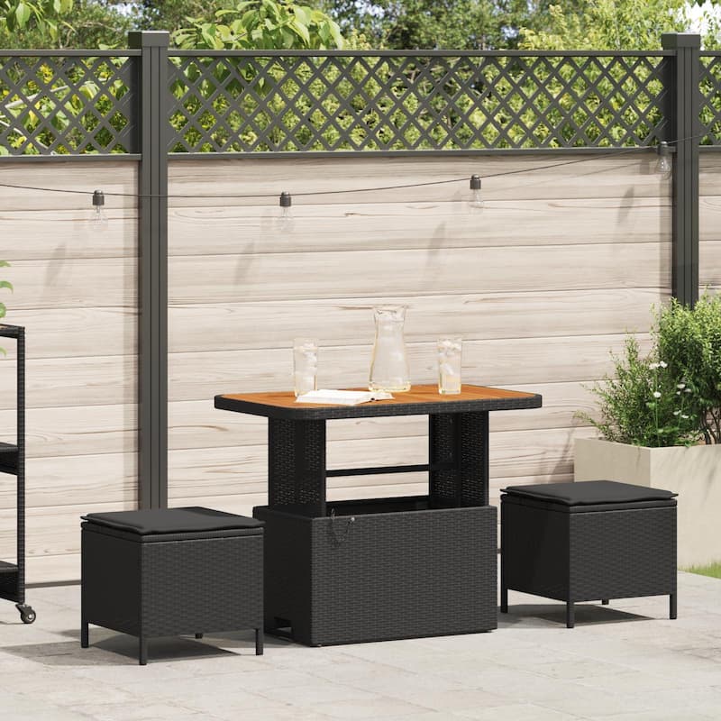 vidaXL 3/4 Piece Garden Dining Set with Cushions Black Poly Rattan Acacia - Black 35.4 in 2 stools