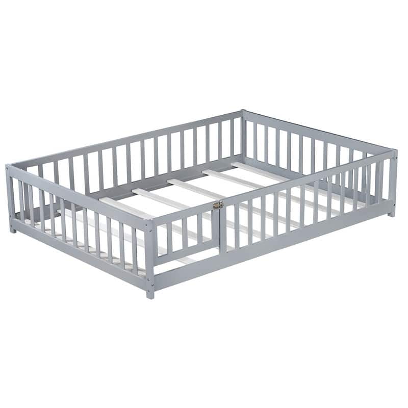 Full Size Rubber Wood Floor Bed with Fence and Door, Safety Guardrails