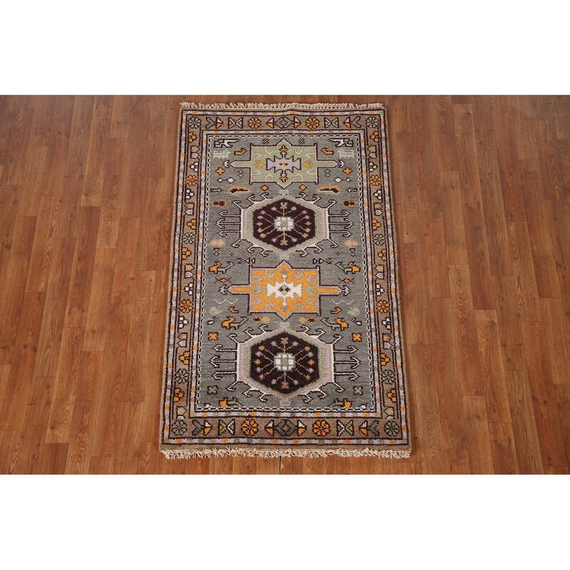 Geometric Grey Kazak Indian Rug Hand-Knotted Wool Carpet - 3'0"x 5'0"