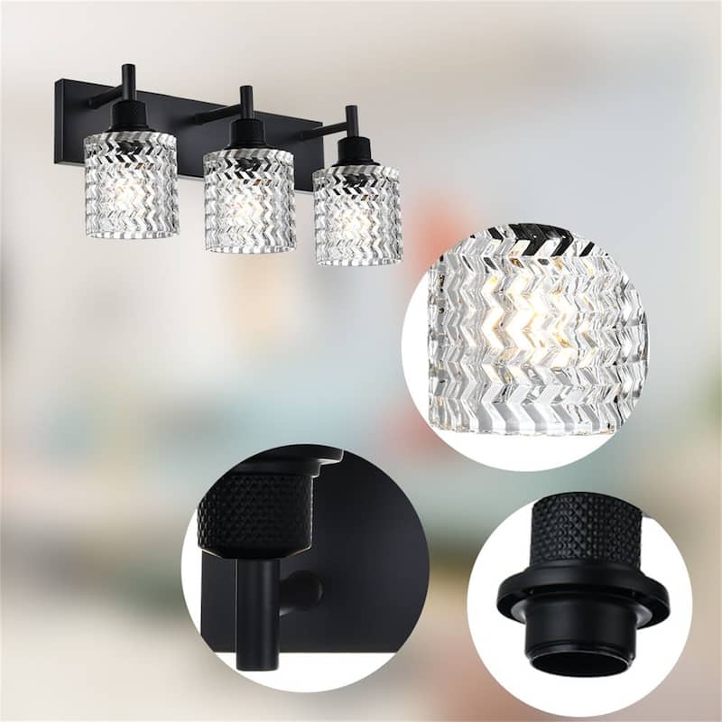 3-Light Industrial Black Wall Sconce with Hammered Glass Shades