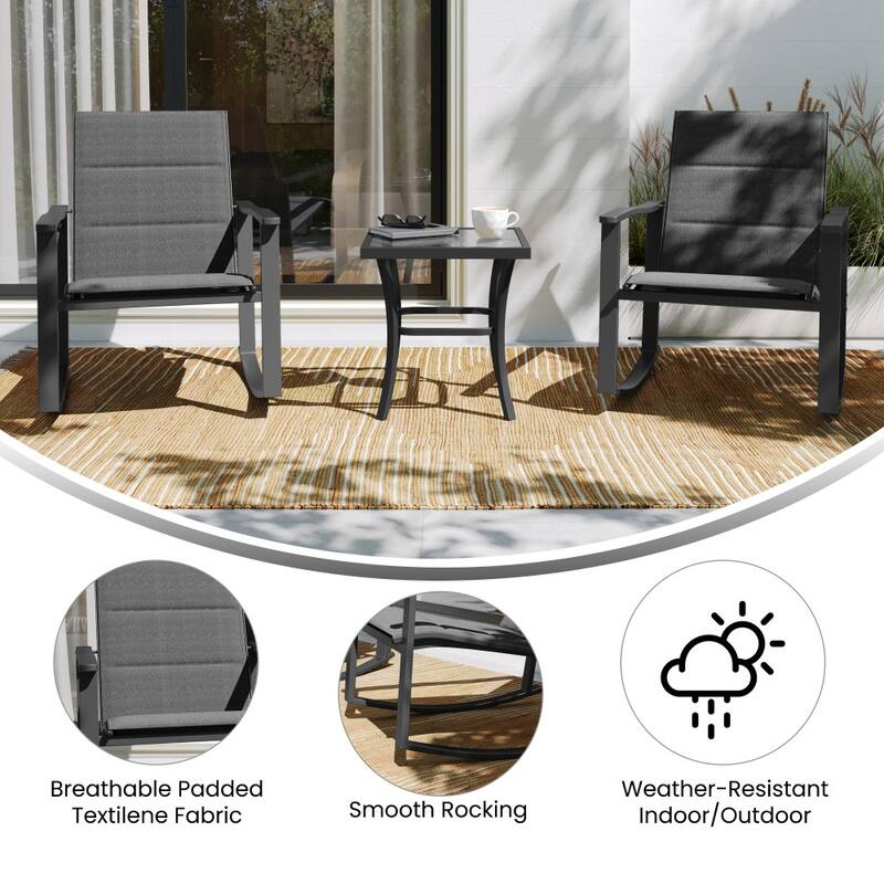 3 Piece All-Weather Rocking Chairs and Glass Top Table Bistro Set