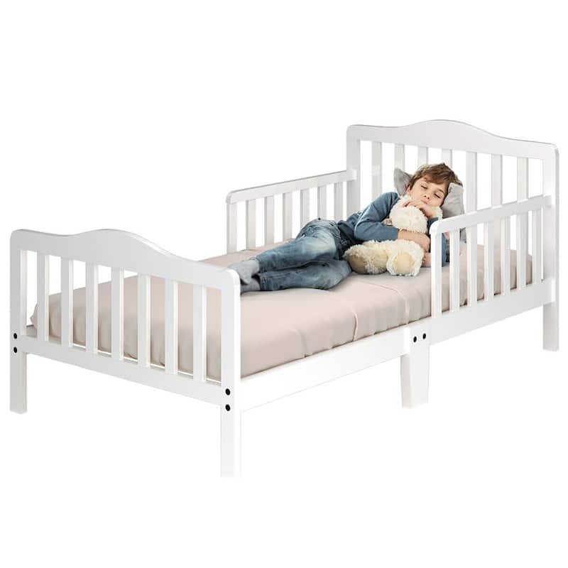 Costway Kids Toddler Wood Bed Bedroom Furniture w/ Guardrails - See Details - White