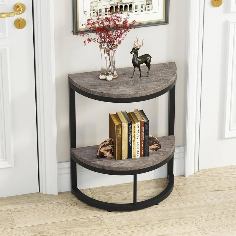 End Table Half Round, Narrow Wood Side Table with Metal Frame