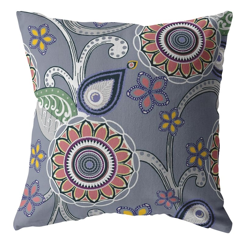 16" Gray Pink Floral Suede Zippered Throw Pillow
