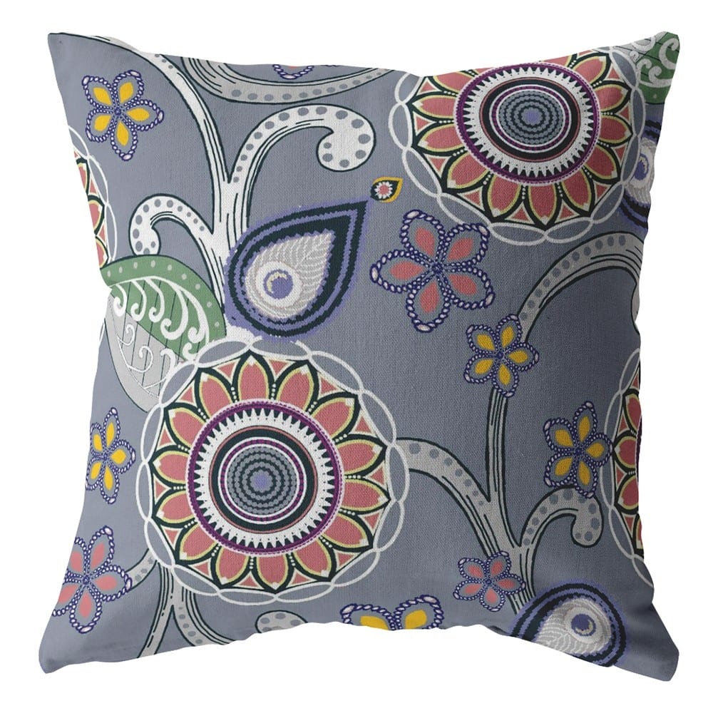 16" Gray Pink Floral Suede Zippered Throw Pillow