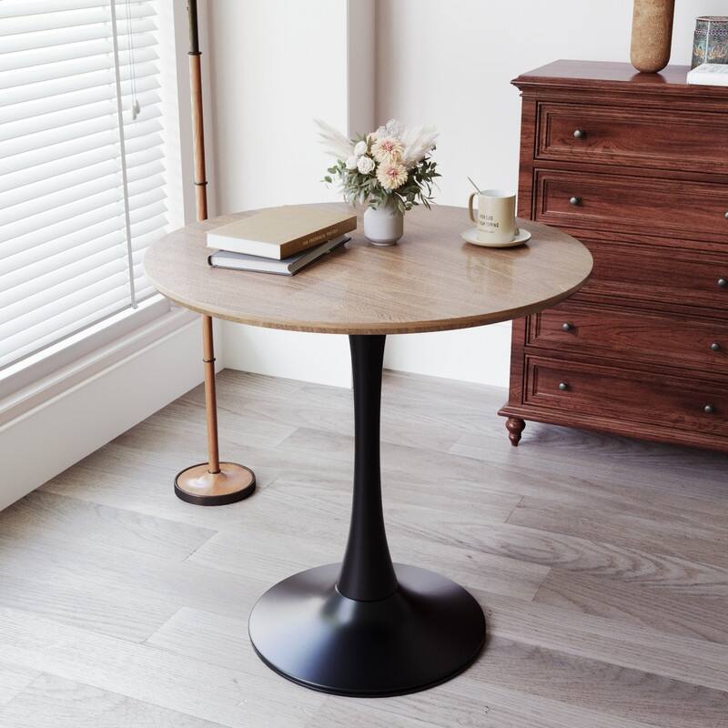 31.5" Round Dining Table 2-4 People with MDF Table Top&Pedestal Base(only table) - Walnut+black