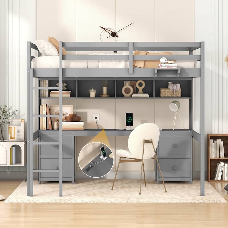 Full Size Wood Loft Bed w/Desk, Cabinets, Drawers, Charging Station - Gray