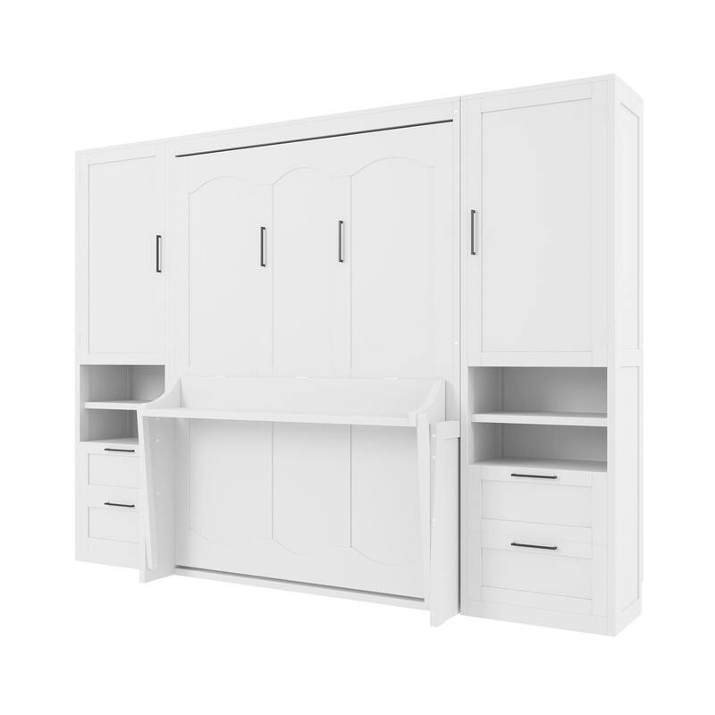 Full Size Murphy Bed Wall Bed with 2 Wardrobes and 4 Storage Drawers, Foldable Space Saving Murphy Cabinet Bed with Open Shelves
