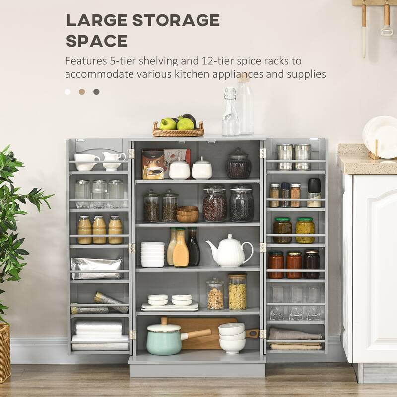 HOMCOM 41" Kitchen Pantry, Modern 2-Door Kitchen Storage Cabinet with 5-tier Shelving, 12 Spice Racks and Adjustable Shelves