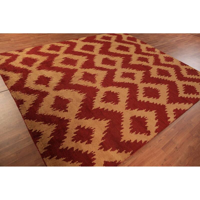 Hand Knotted Oriental 100% Wool Carpet Modern Geometric Red Moroccan Area Rug - 9' 7'' X 7' 11''