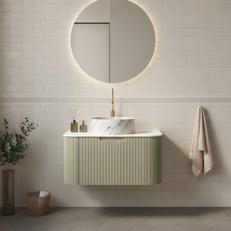 Floating Bathroom with Round Ceramic Basin and Storage Drawer