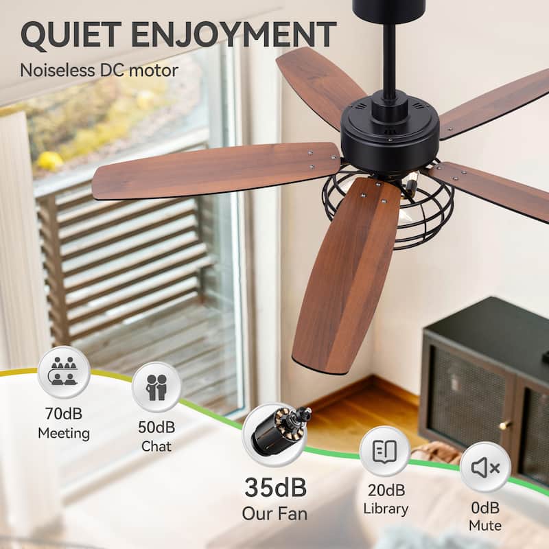 52" Industrial Reversible Wood 5-Blade Black Ceiling Fan with Light and Remote