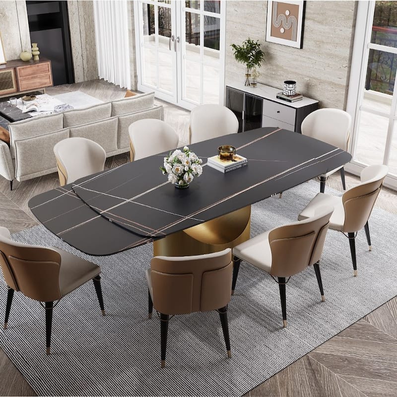 Modern Dining Table with Rectangular Sintered Stone Tabletop, Carbon Steel Leg, Minimalist Kitchen Dining Room Table