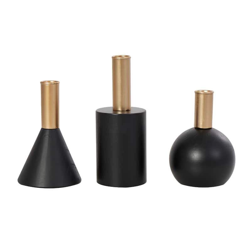 Wood Geometric Candle Holder with Varying Shapes and Gold Accents - Set of 3 Black - Roche River Decor - 3"W x 3"L x 7"H