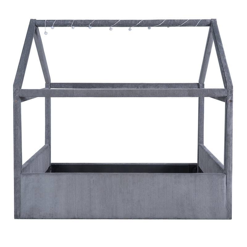 Full Size Upholstered House Daybed with LED Light Strips, Grey