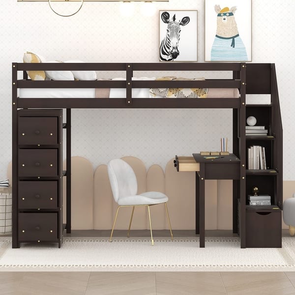 slide 2 of 57, Twin size Loft Bed with Desk, Storage Drawers and Stairs Espresso