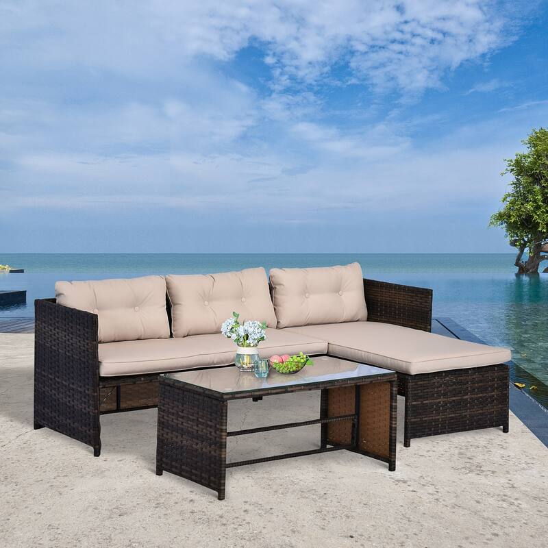 3-Piece Outdoor Patio Sofa Set, L-Shaped Sectional Sofa Set with Cushions and Tempered Glass Coffee Table