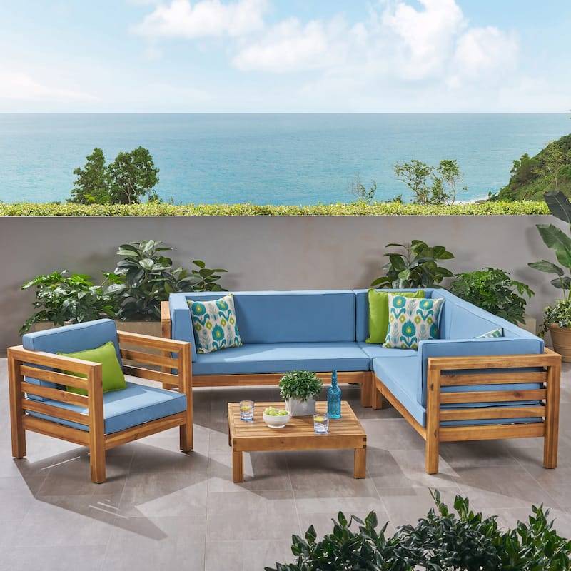 Oana Outdoor 6-seat Acacia Sectional Sofa / Club Chair Set by Christopher Knight Home - Teak Finish + Blue