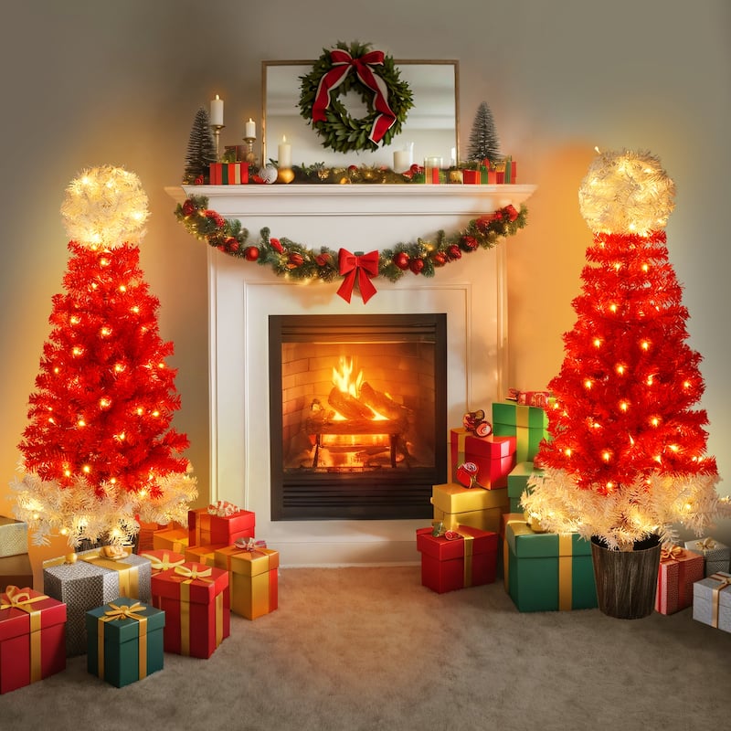 4FT Pre-Lit Christmas Tree Set, Red & White Santa Hat Design - 4 Foot - Red
