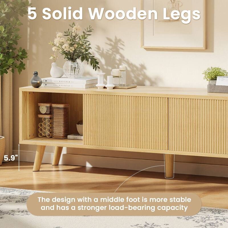 Meyreso 63" Modern Wood TV Stand with Sliding Doors, LED Lighting, and Adjustable Shelf - 64 inches in width