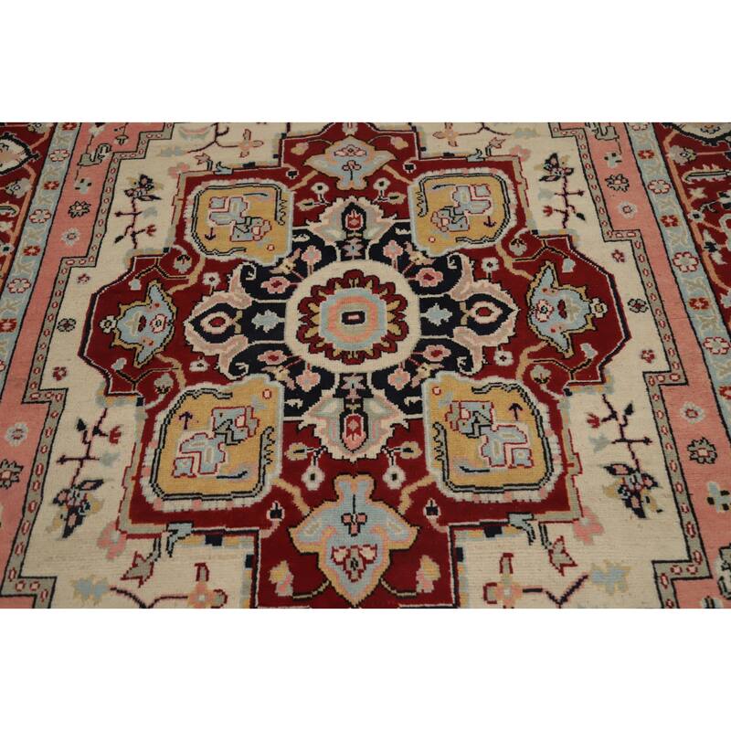 Hand Knotted Oriental 100% Wool Carpet Traditional Medallion Beige & Ivories Heriz (serapi) Area Rug - 9' 0'' X 6' 2''