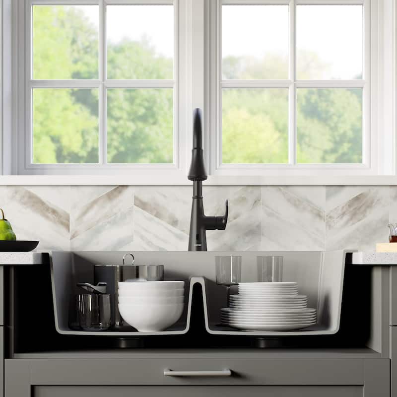 Karran 33" Top Mount Double Bowl 50/50 Quartz Kitchen Sink in Grey with Kitchen Faucet in Matte Black