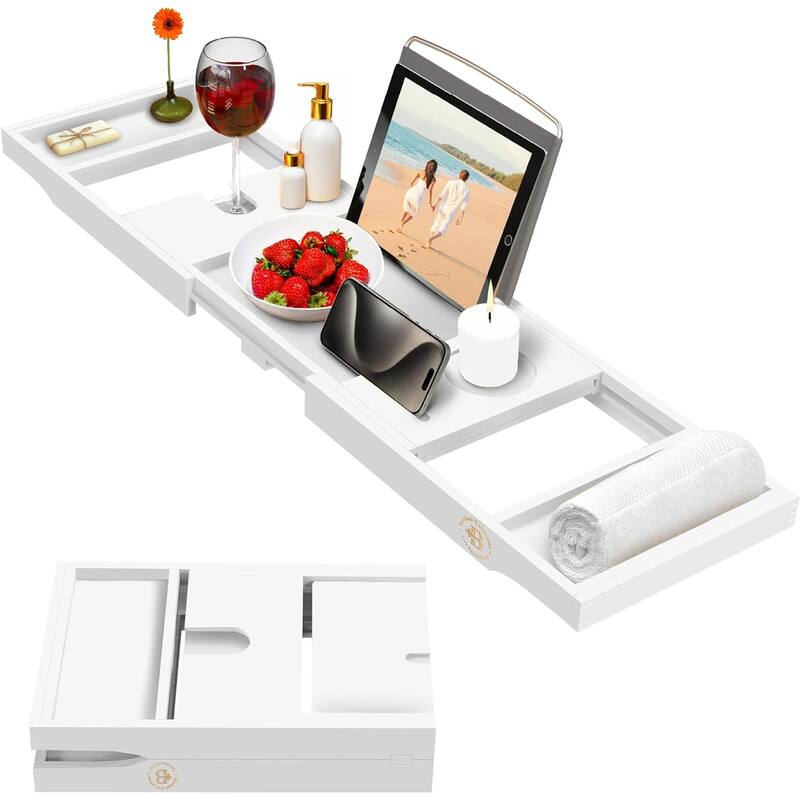 Bamboo Bathtub Tray for Tub - Expandable Bath Tray, Book & Tablet Holder - Bath Table, Tub Tray, Bathtub Caddy, Foldable Design - White