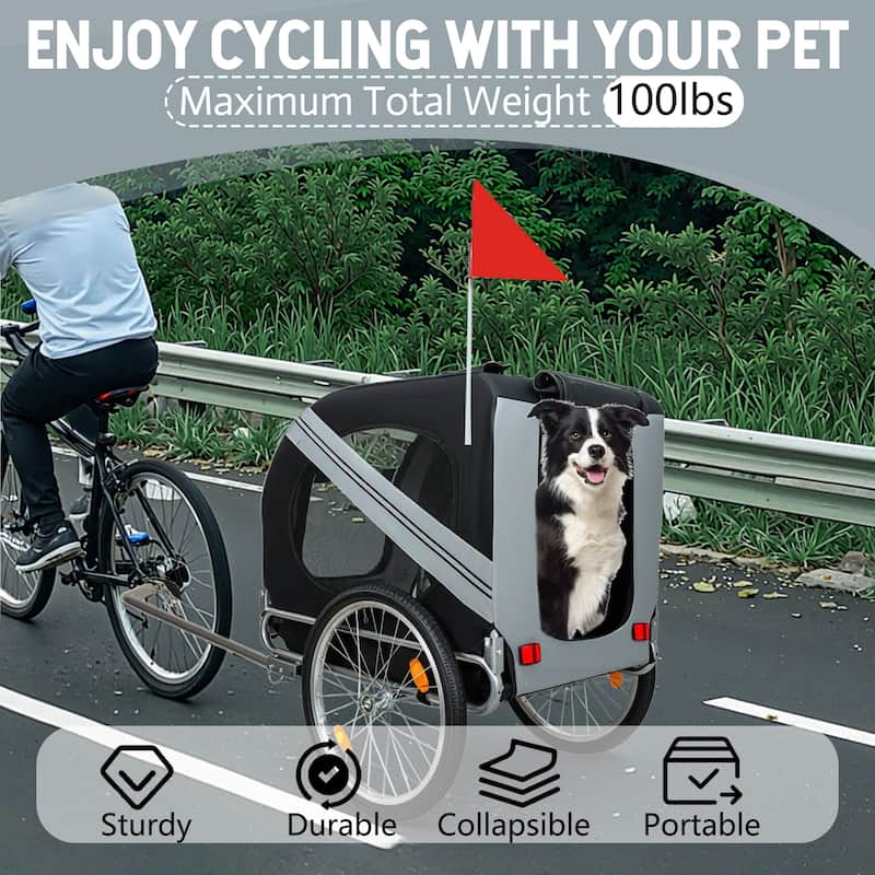 Large Folding Dog Bike Trailer with Steel Frame, 100LB Capacity Pet Bicycle Carrier with 20" Wheels & Rain Cover