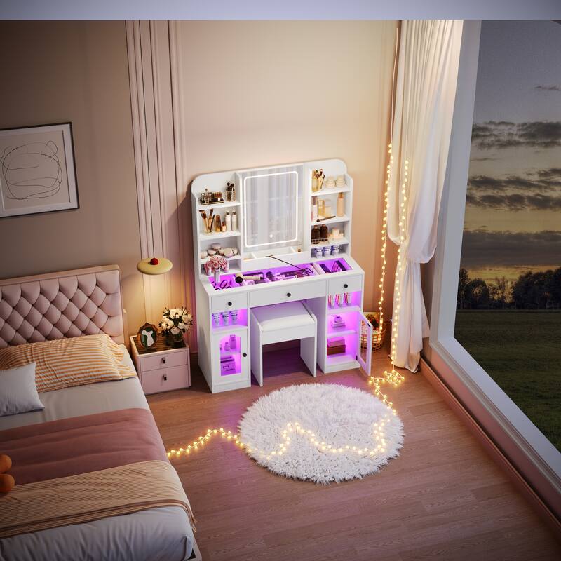 Glass Top Make-up Vanity Set with Stool & Charging Station, LED Makeup Mirror with 3 Lighting Modes