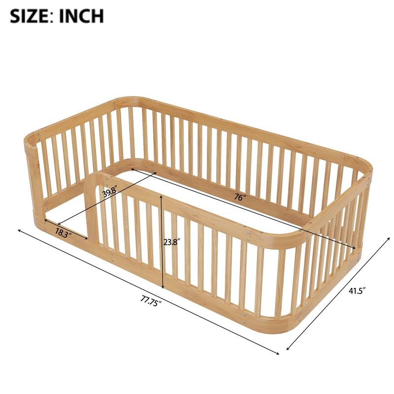 Floor Bed Frame with Fence, Montessori Toddler Bed, No Slats, No Doors, Rounded Corners Wooden Bed