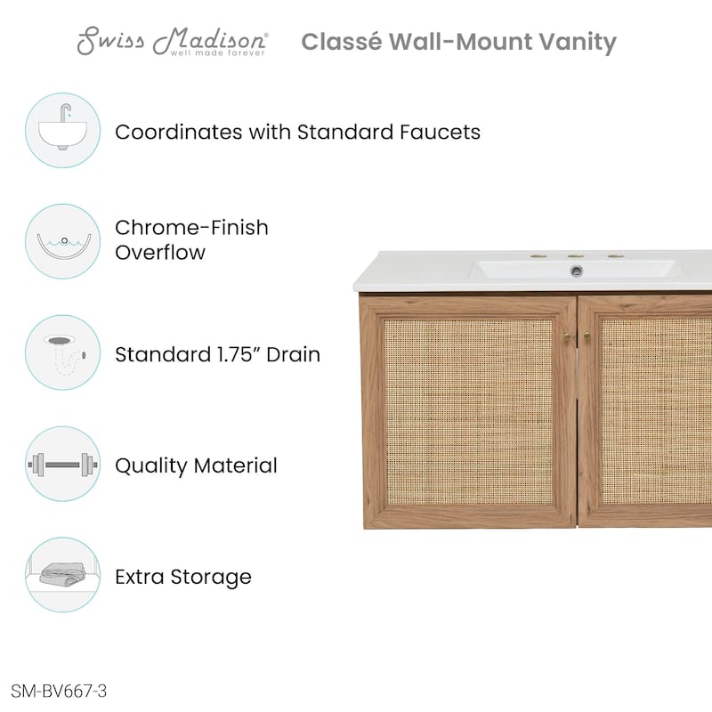 Classe 36 In. Brown Oak Wall Hung Bathroom Vanity With White, 3-Hole Ceramic Sink Top
