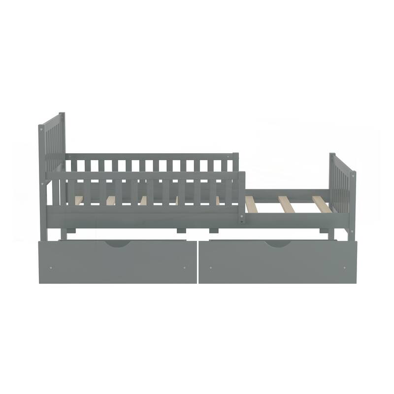 Twin Size Wood Platform Bed with Guardrails on Both Sides