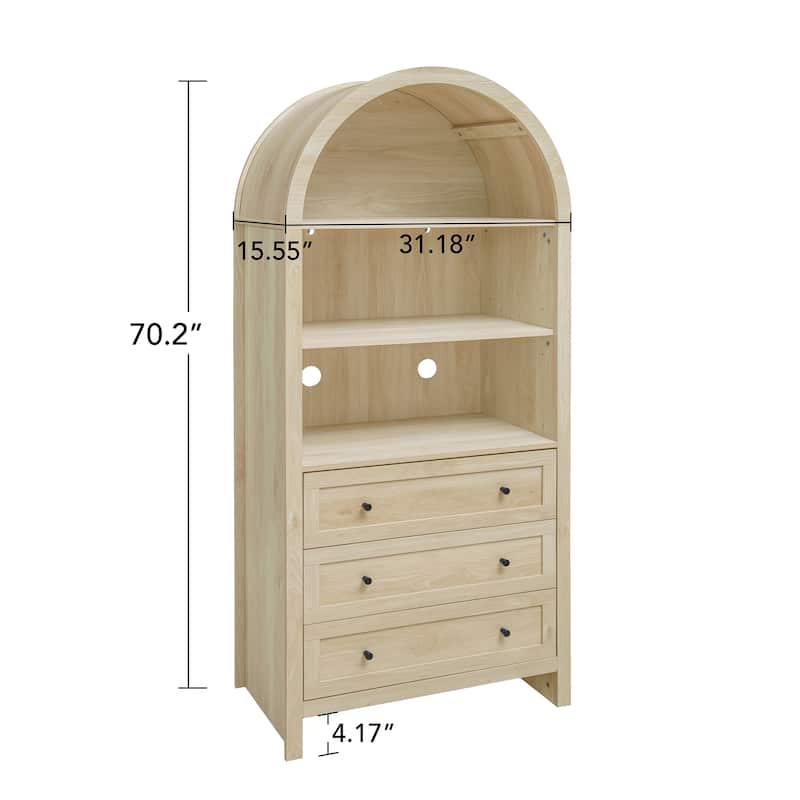 Roomfitters Arched Kitchen Pantry Cabinet, Modern Farmhouse Wood Storage Cabinet with 3 Drawers and Adjustable Shelves, Natural