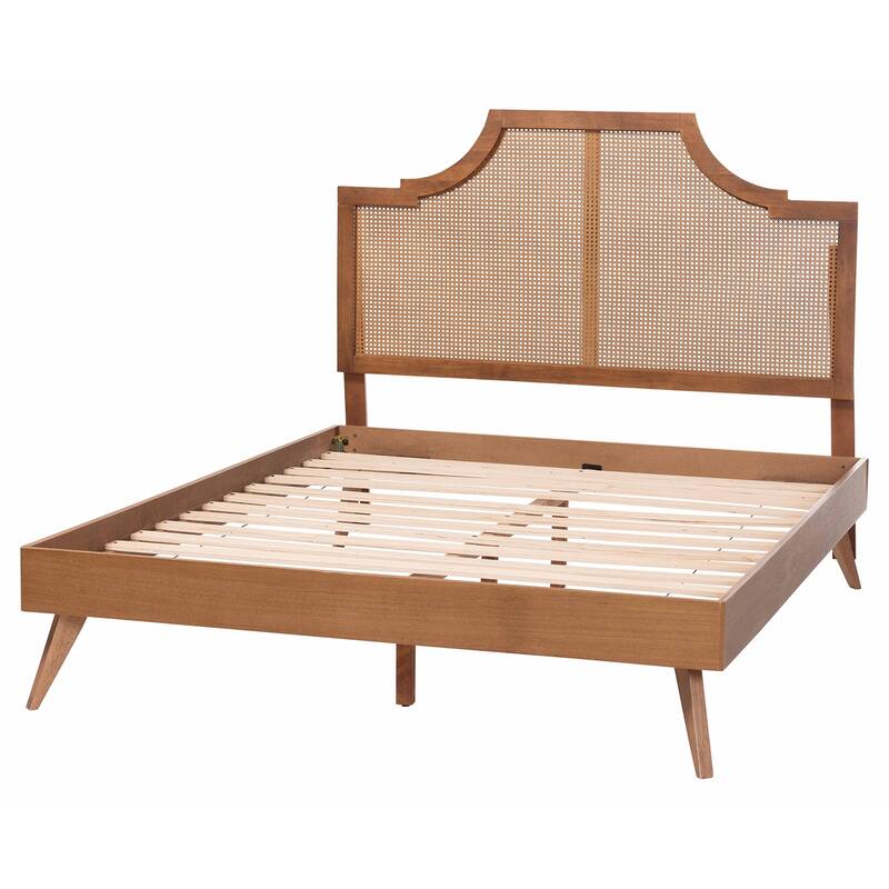 Rodolfo Platform Bed - Mid-Century Modern Bed with Woven Rattan Headboard, Queen