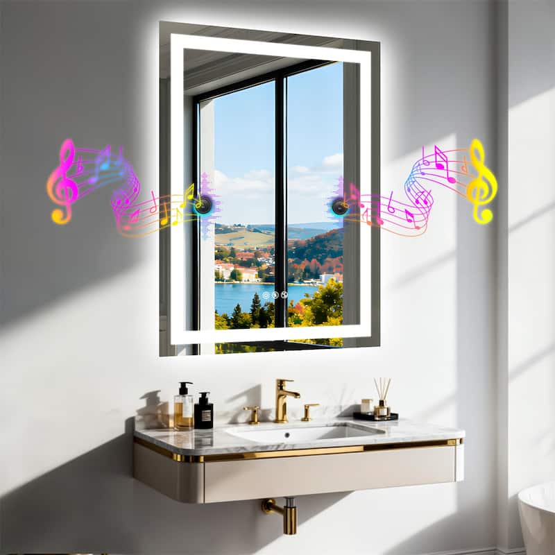 Rectangle Illuminated Bluetooth Bathroom Smart Tempered Glass Vanity Mirror with Double NdFeB Speakers