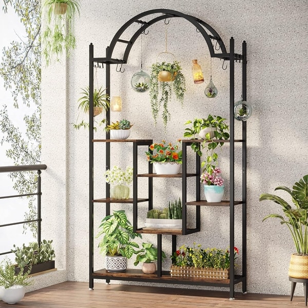 5-tier Tall Indoor Plant Stand with Hanging Hooks - Brown