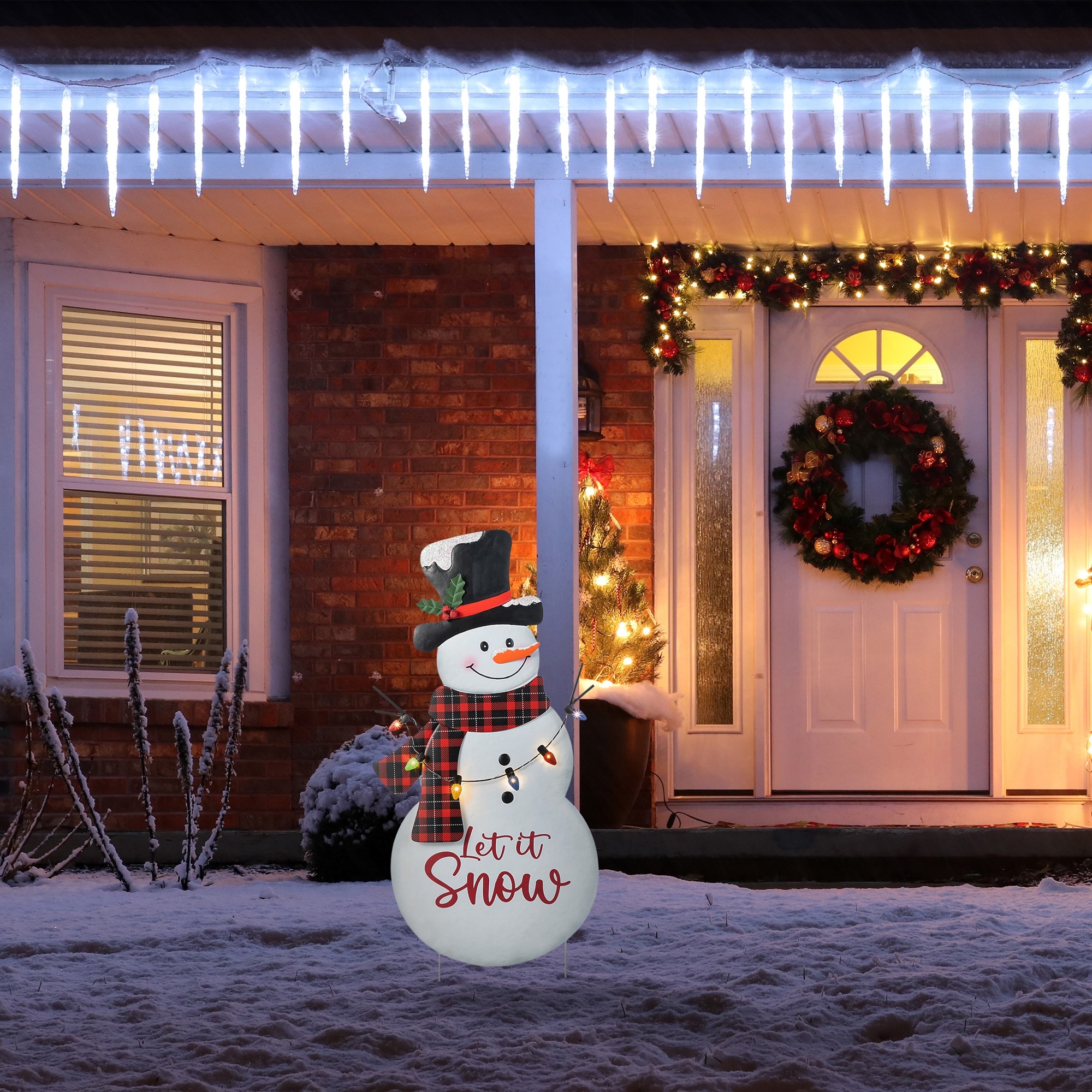 Glitzhome 36"H Metal Christmas Snowman with Colorful Bulbs Yard Stake