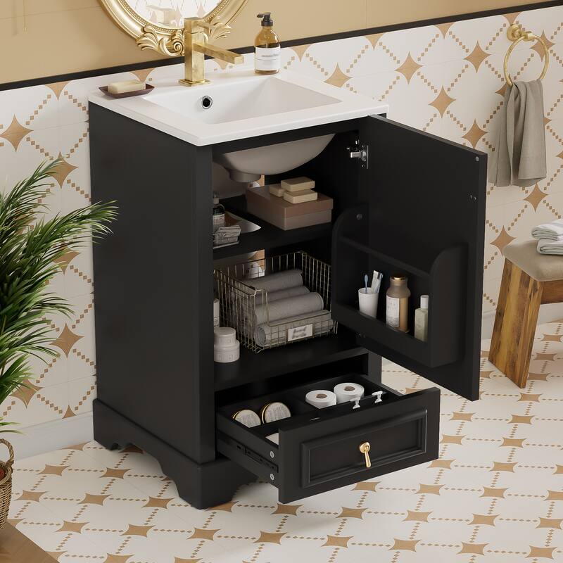 20" Bathroom Vanity with Ceramic Sink Bathroom Storage Cabinet with Adjustable U-Shaped and Drawer