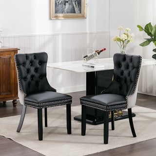 Set of 2 PU and Velvet Tufted Upholstered Dining Chair with Wood Legs ...